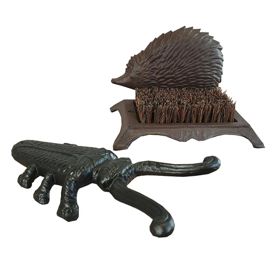 Cast Iron Hedgehog Boot Brush Shoe Scraper & Beetle Boot Jack