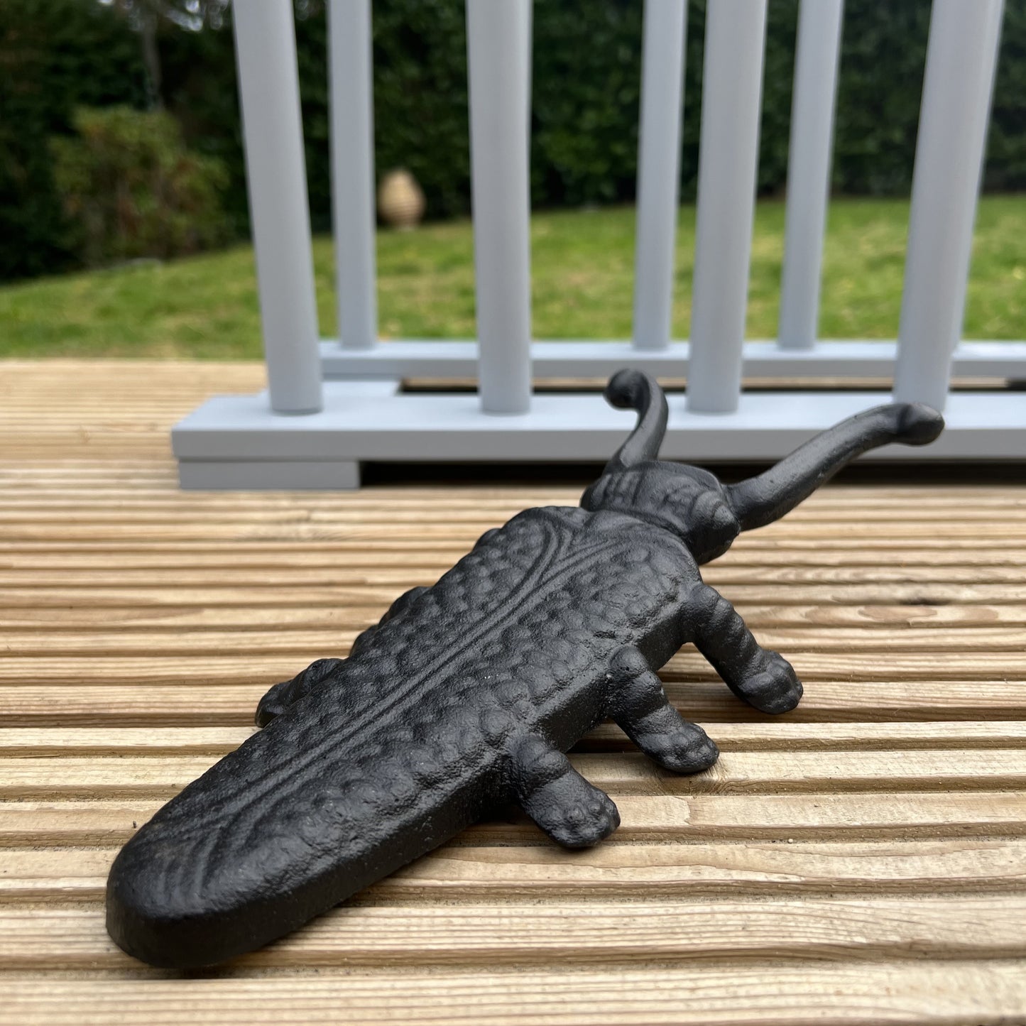 Wooden Welly Boot Rack Organiser in Light Grey with Two Cast Iron Beetle Boot Jacks