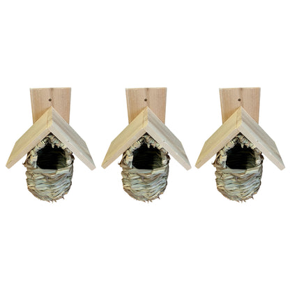 Reed Bird Nesting Pouches with Wooden Roof (Set of 3)