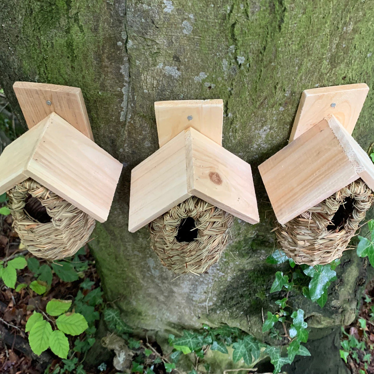 Seagrass and Reed Bird Nesting Pouches with Wooden Roof (Set of 6)