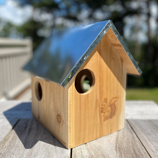 Wooden Garden Squirrel Nest Box House With Metal Roof - Set of 2