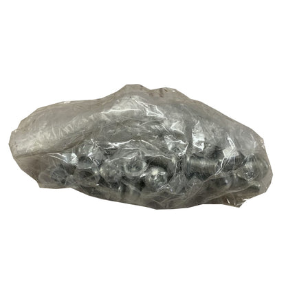 A clear plastic bag containing various metal fixings, presumably for a green metal raised bed.