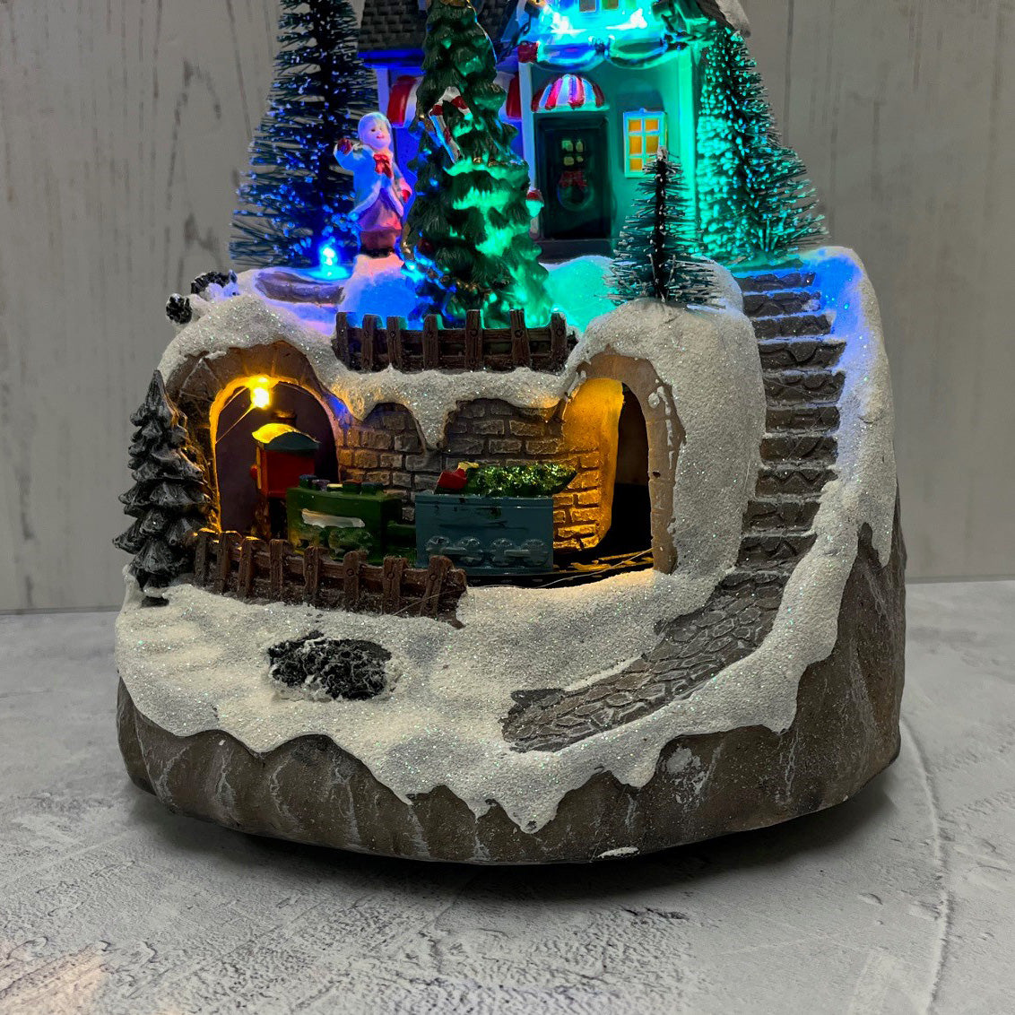 Christmas House and Tree Scene Ornament with Lights Moving Train and Sound