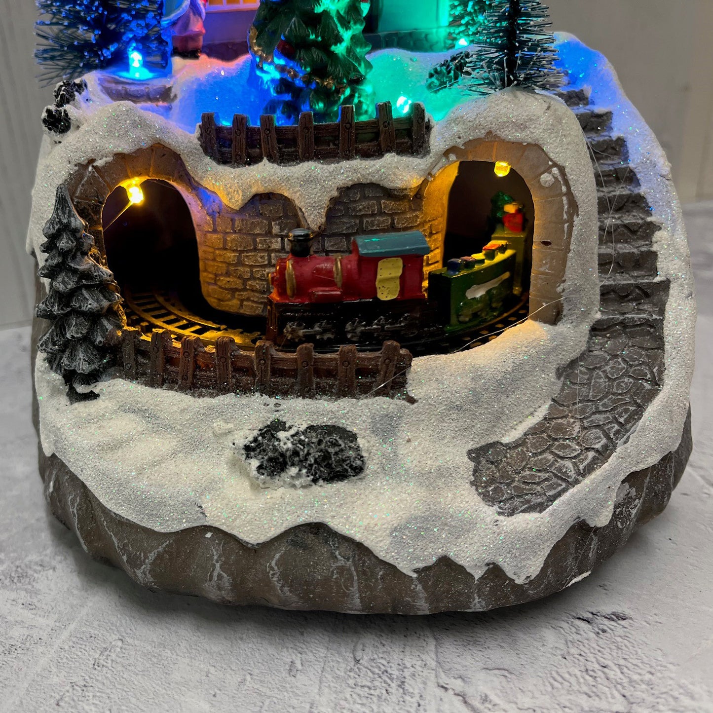 Christmas House and Tree Scene Ornament with Lights Moving Train and Sound