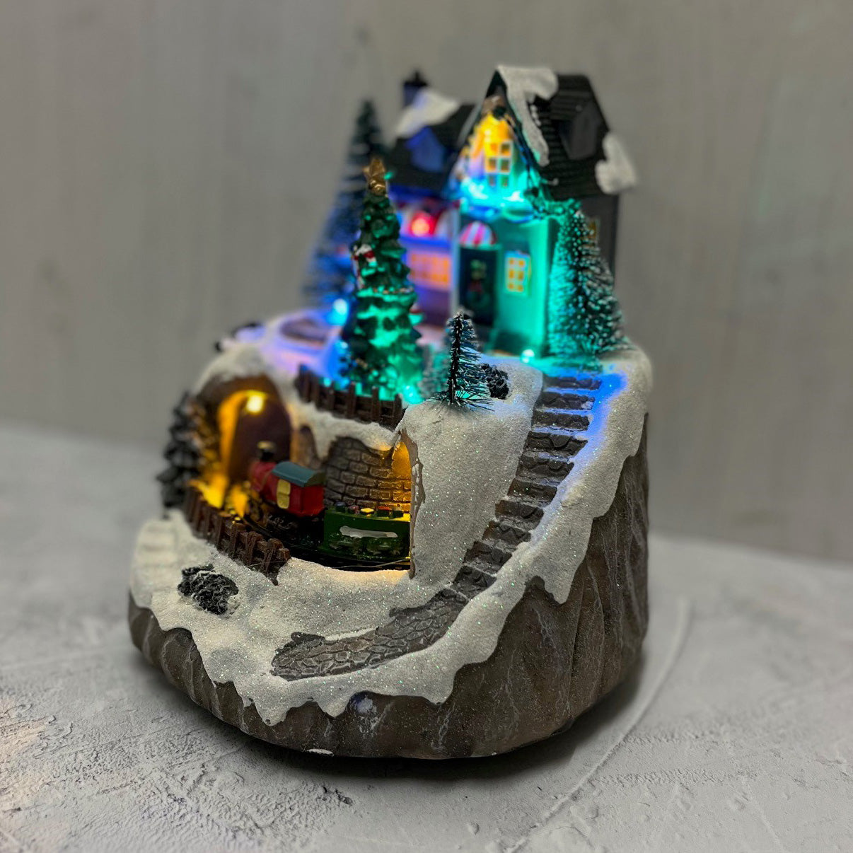 Christmas House and Tree Scene Ornament with Lights Moving Train and Sound