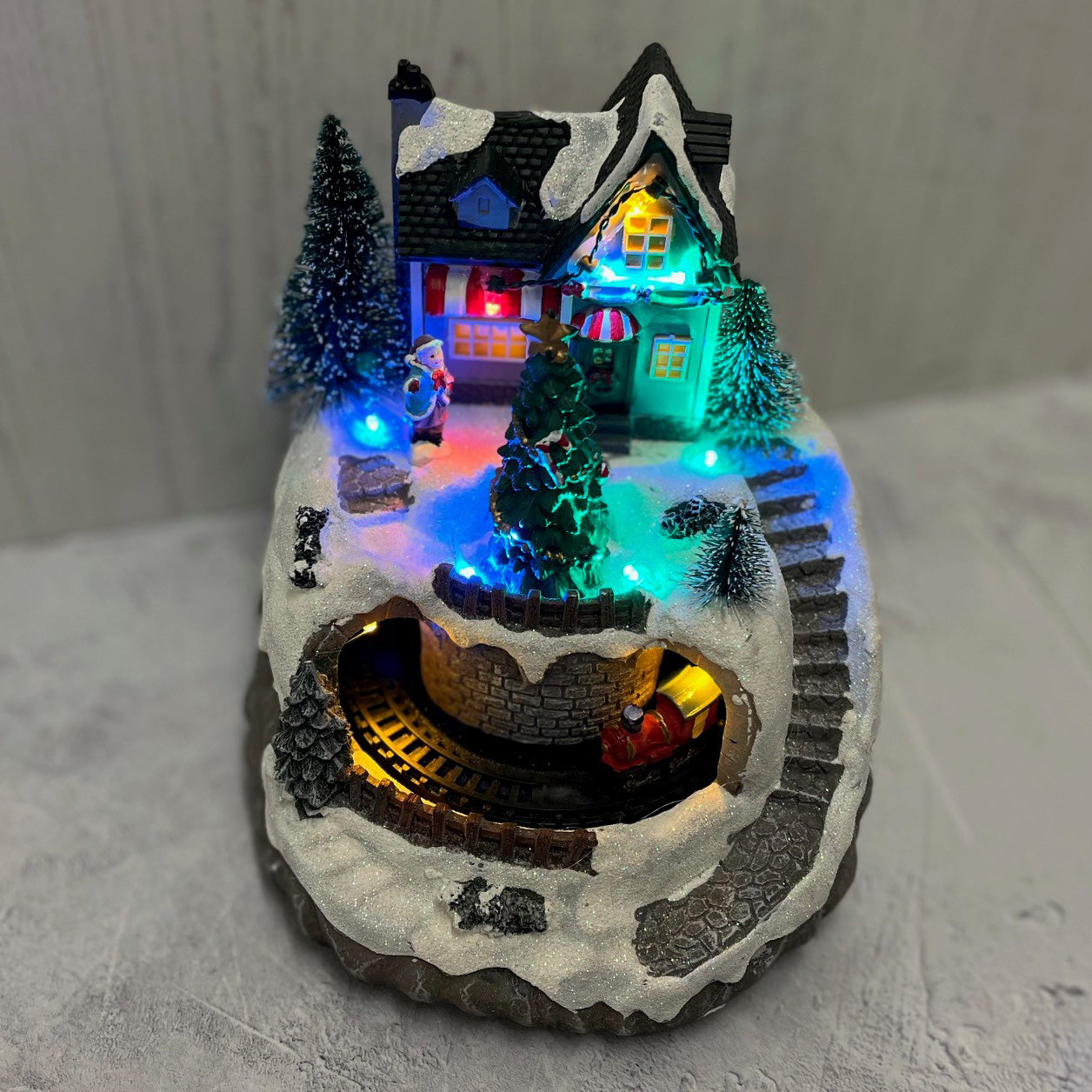 Christmas House and Tree Scene Ornament with Lights Moving Train and Sound