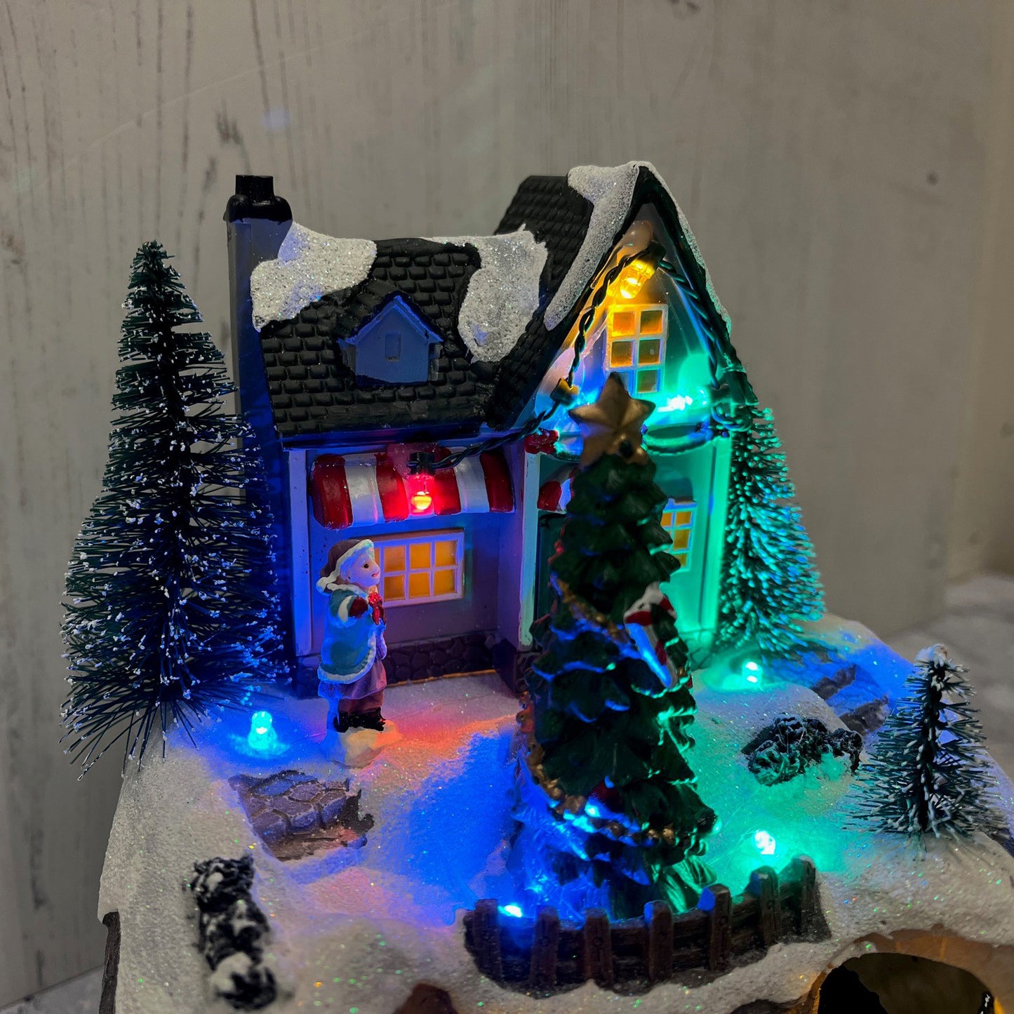 Christmas House and Tree Scene Ornament with Lights Moving Train and Sound