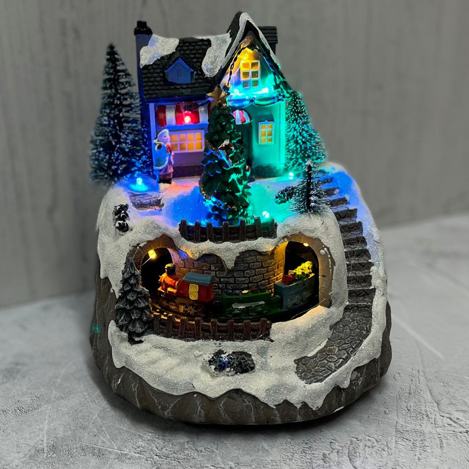 Christmas House and Tree Scene Ornament with Lights Moving Train and Sound