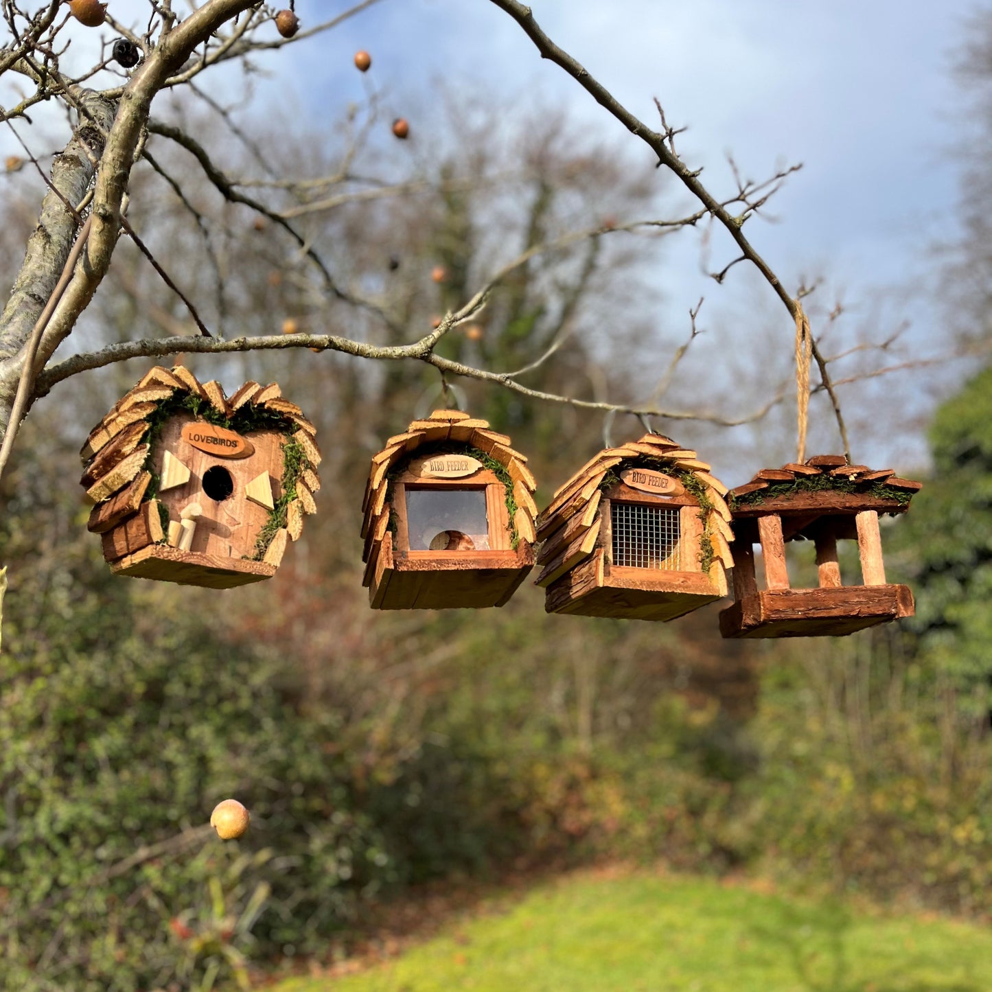 Wooden Bird Table, Love Bird Nest, Seed & Nut Feeder Set