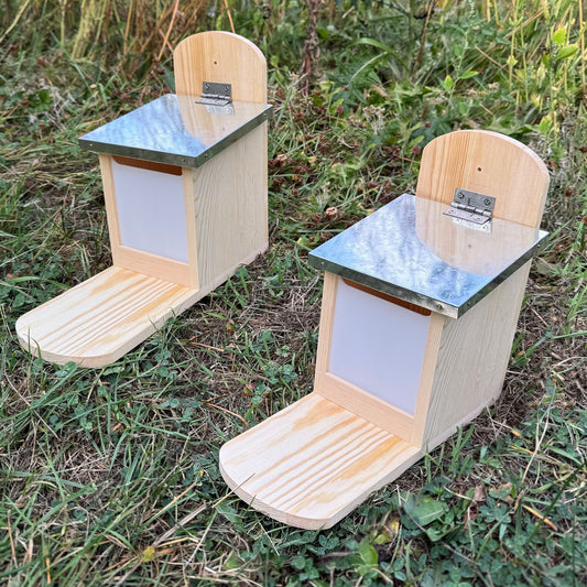 Wooden Wall Mounted Squirrel Feeder with Feeding Platform & Metal Roof (Set of 2)