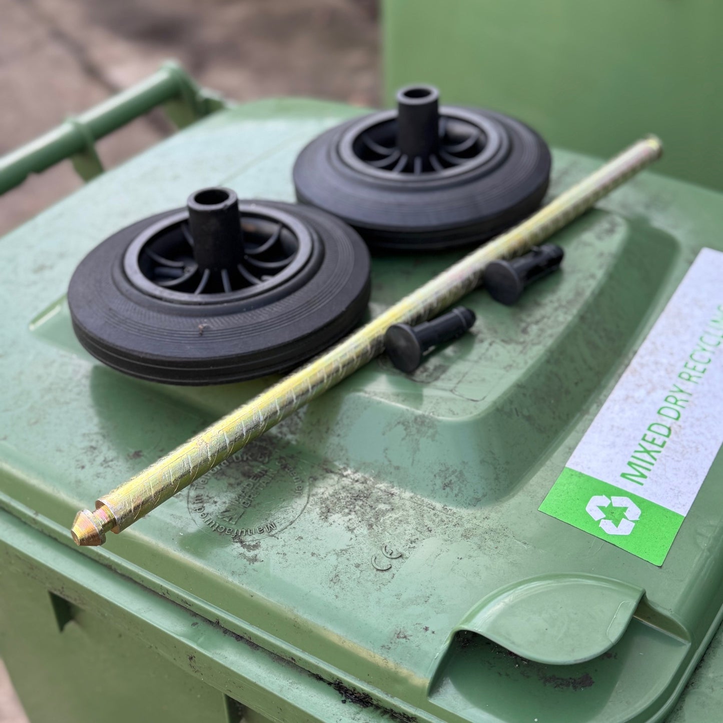 Wheelie Bin Replacement Axle & Wheels Kit with Lid Hinge Pins