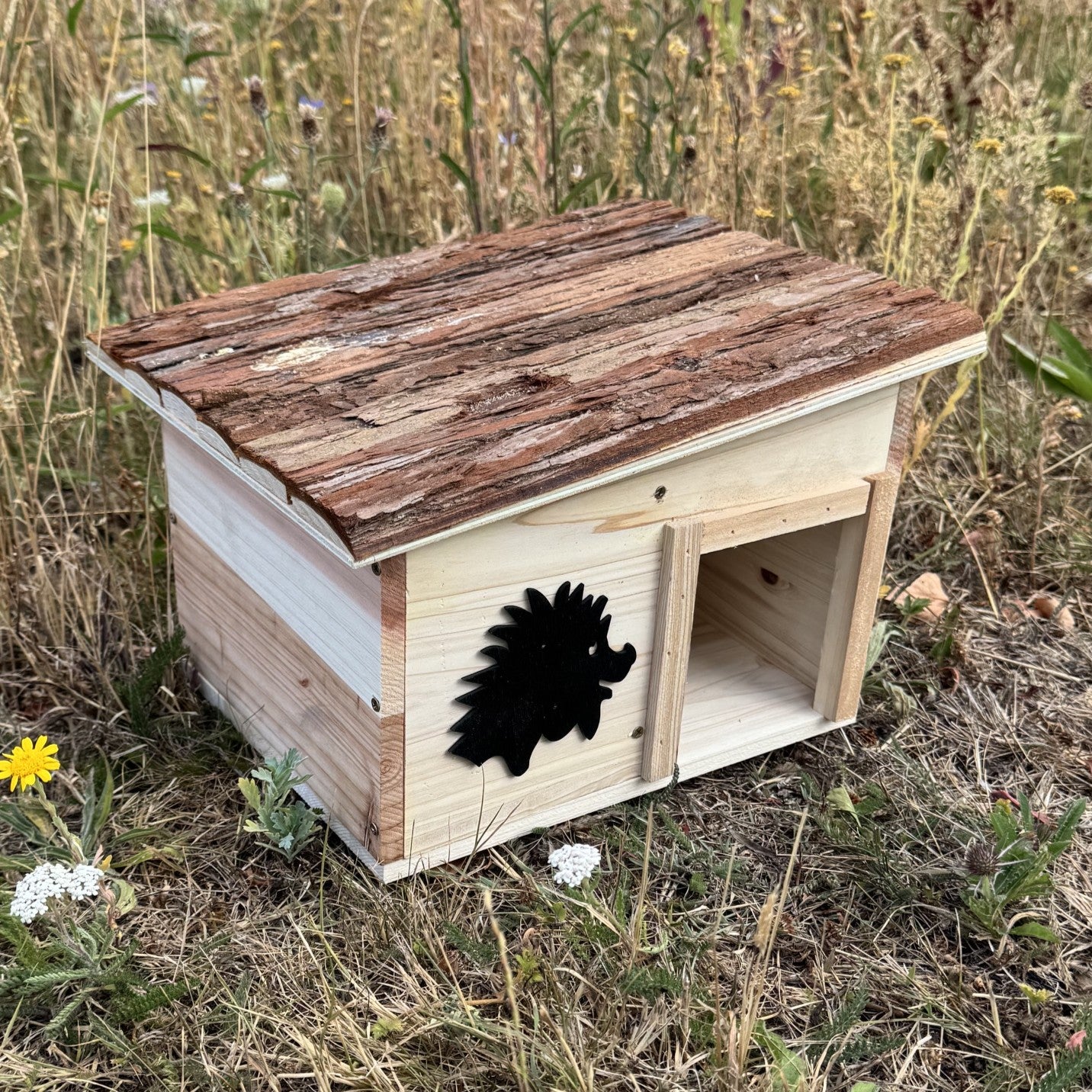 Wooden Hedgehog House Hogitat With Pitched Bark Roof