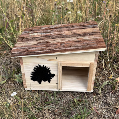 Wooden Hedgehog House Hogitat With Pitched Bark Roof