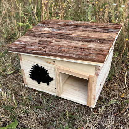 Wooden Hedgehog House Hogitat With Pitched Bark Roof