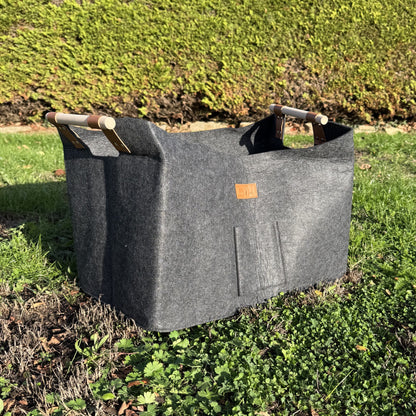 Grey Felt Log Carrier Firewood Tote Bag with Wooden Handles