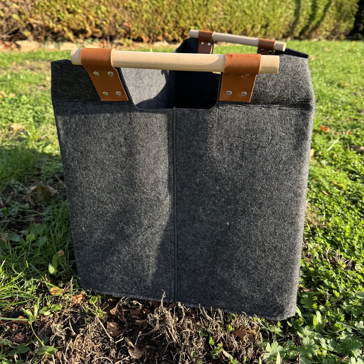 Grey Felt Log Carrier Firewood Tote Bag with Wooden Handles