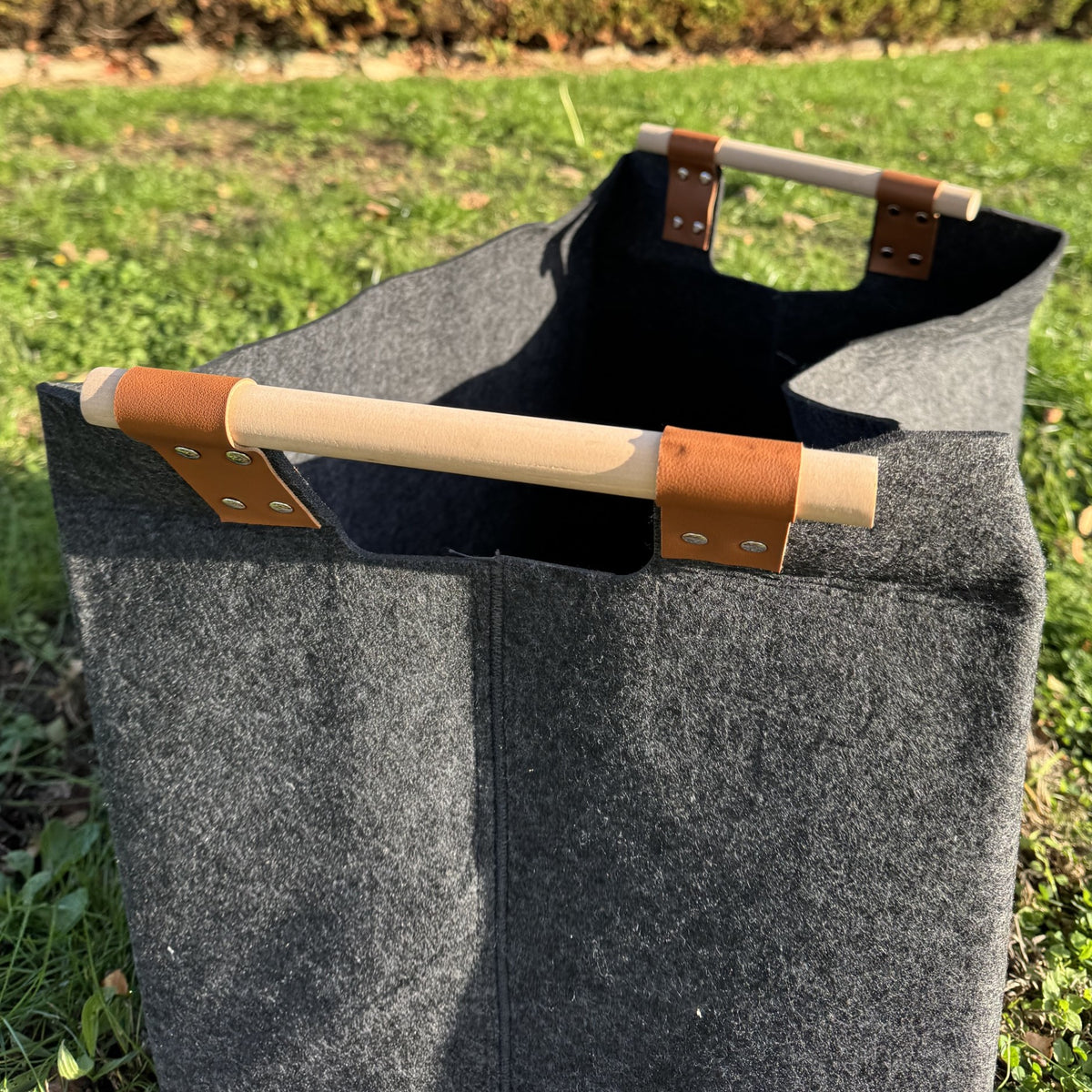 Grey Felt Log Carrier Firewood Tote Bag with Wooden Handles