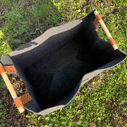 Grey Felt Log Carrier Firewood Tote Bag with Wooden Handles