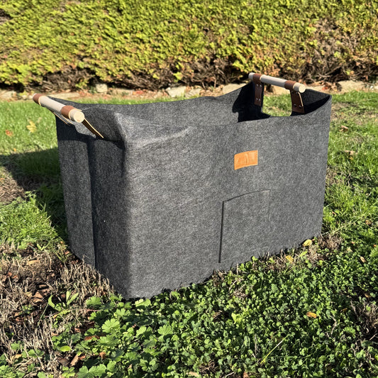 Grey Felt Log Carrier Firewood Tote Bag with Wooden Handles