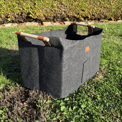 Grey Felt Log Carrier Firewood Tote Bag with Wooden Handles