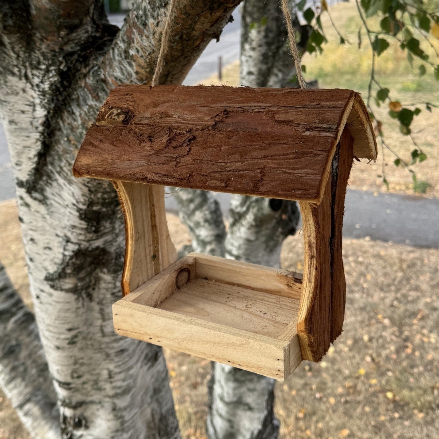 Hanging Wooden Bird Table Feeder with Bark Roof