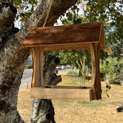 Hanging Wooden Bird Table Feeder with Bark Roof