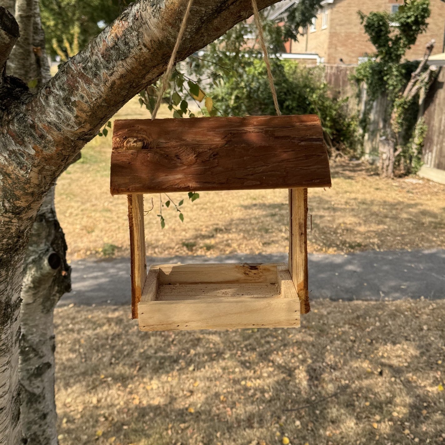 Hanging Wooden Bird Table Feeder with Bark Roof