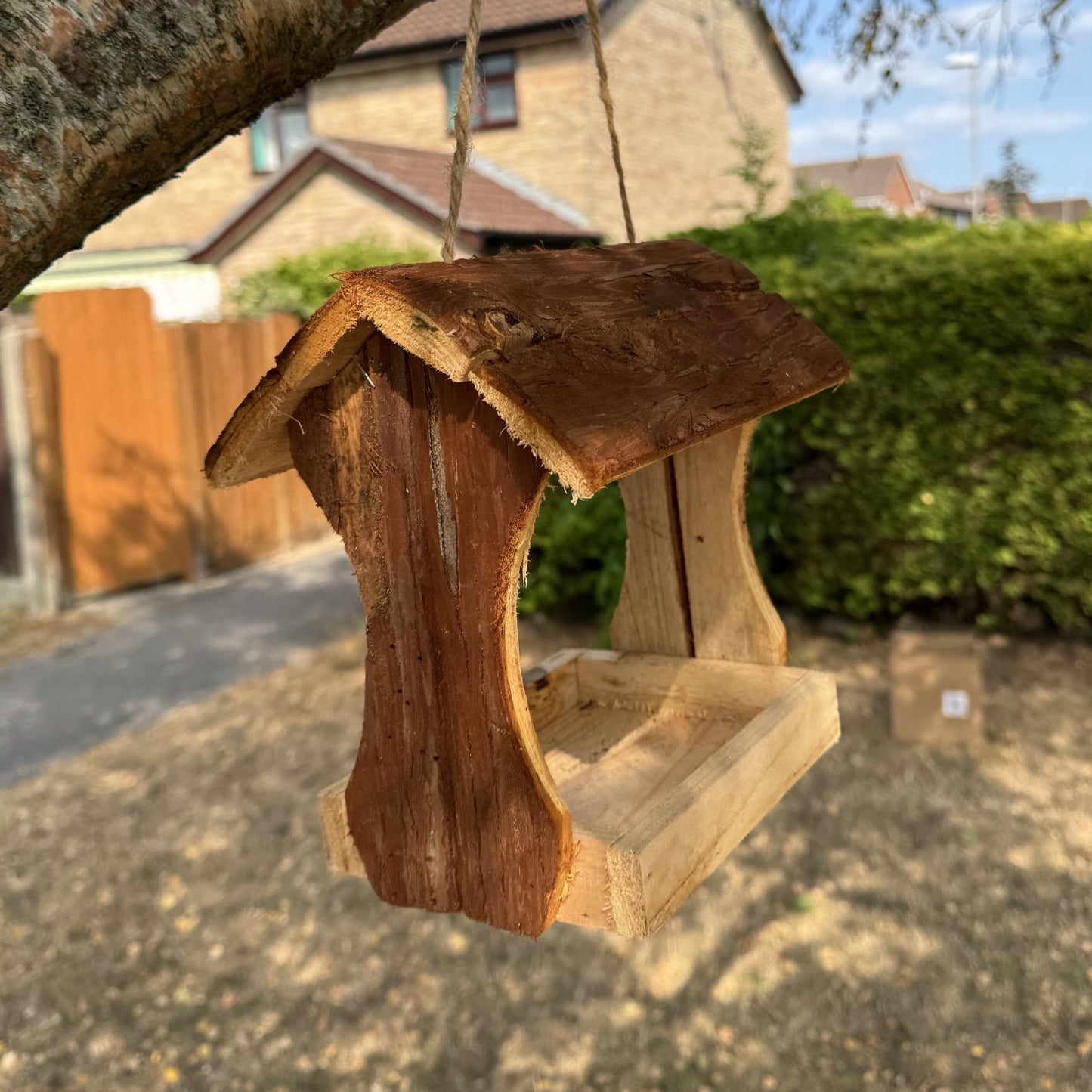 Hanging Wooden Bird Table Feeder with Bark Roof