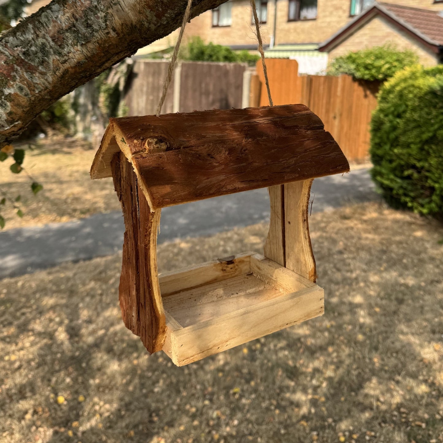 Hanging Wooden Bird Table Feeder with Bark Roof