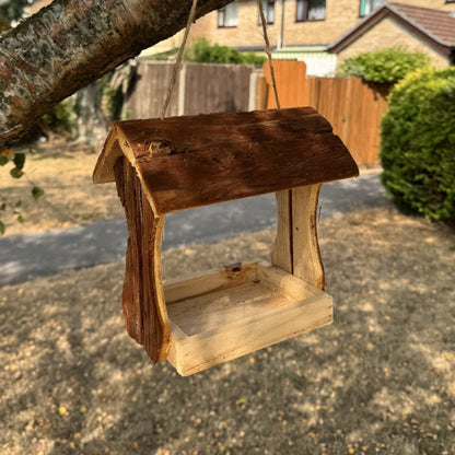 Hanging Wooden Bird Table Feeder with Bark Roof