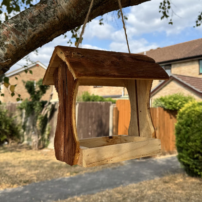 Hanging Wooden Bird Table Feeder with Bark Roof