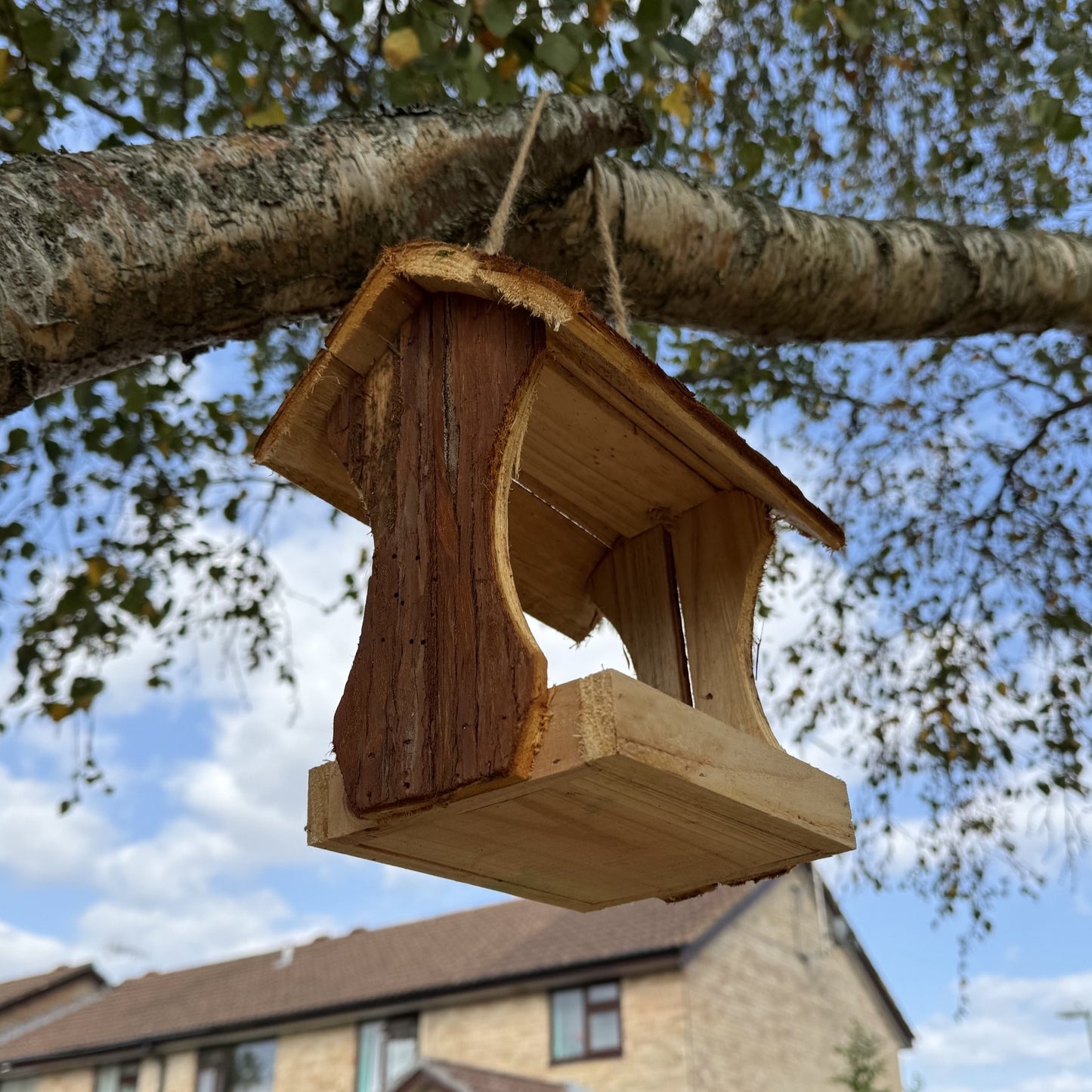 Hanging Wooden Bird Table Feeder with Bark Roof