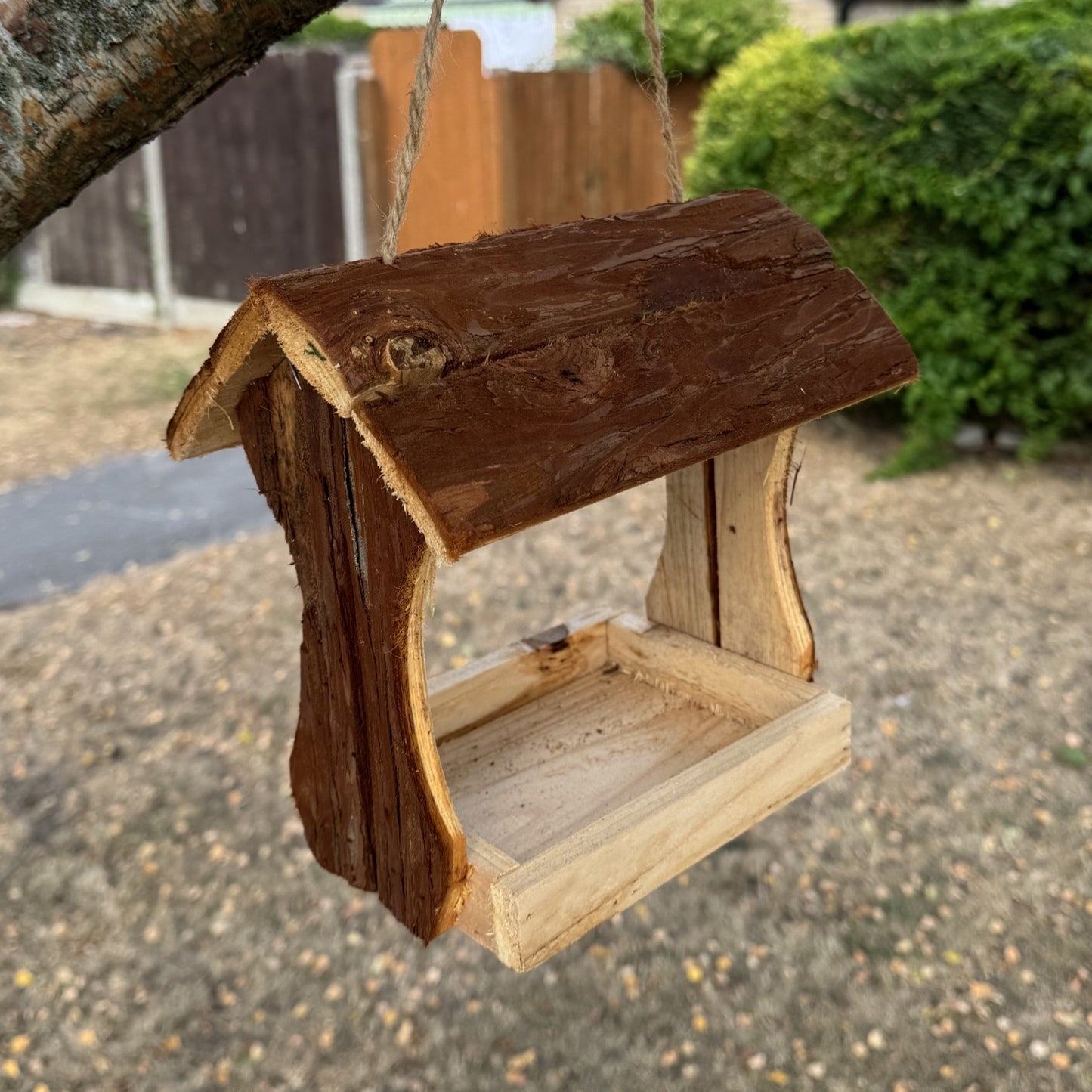 Hanging Wooden Bird Table Feeder with Bark Roof