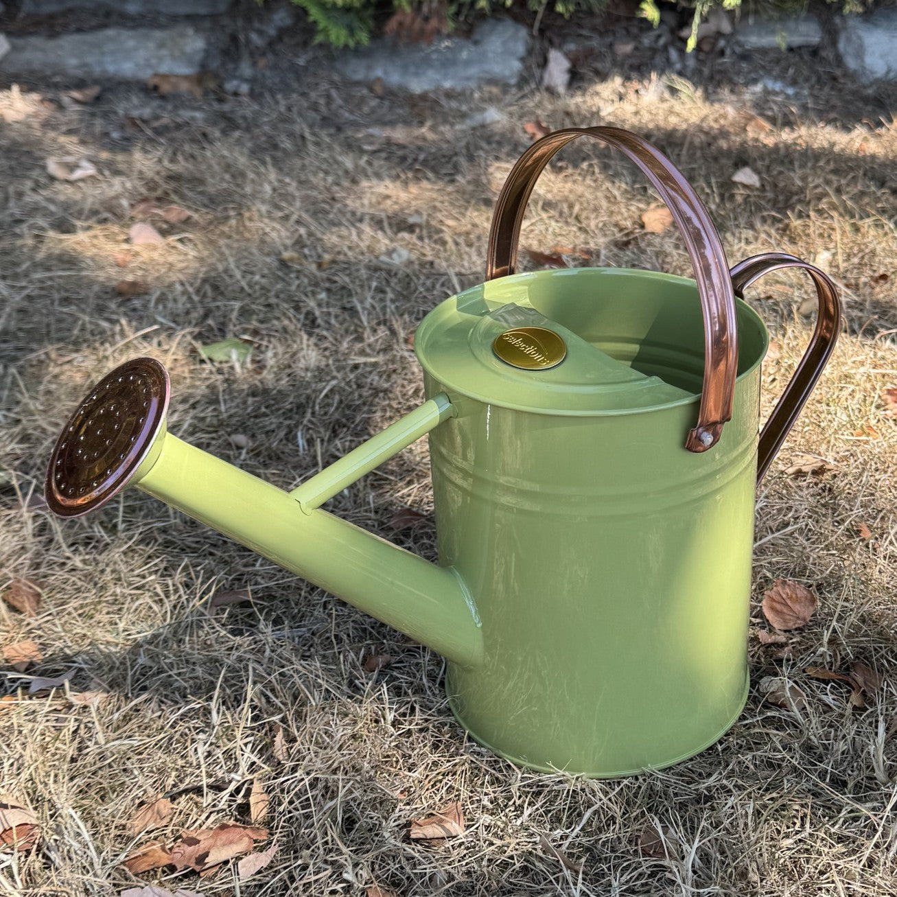 Sage Green & Copper Metal Watering Can (3.5 Litre)