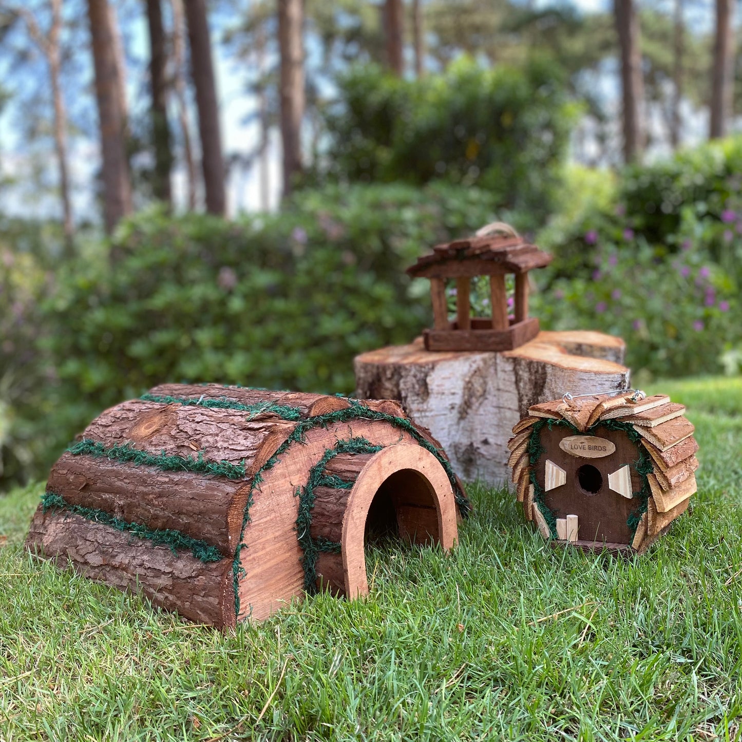 Wooden Hedgehog Hogitat with Bird House and Hanging Feeder