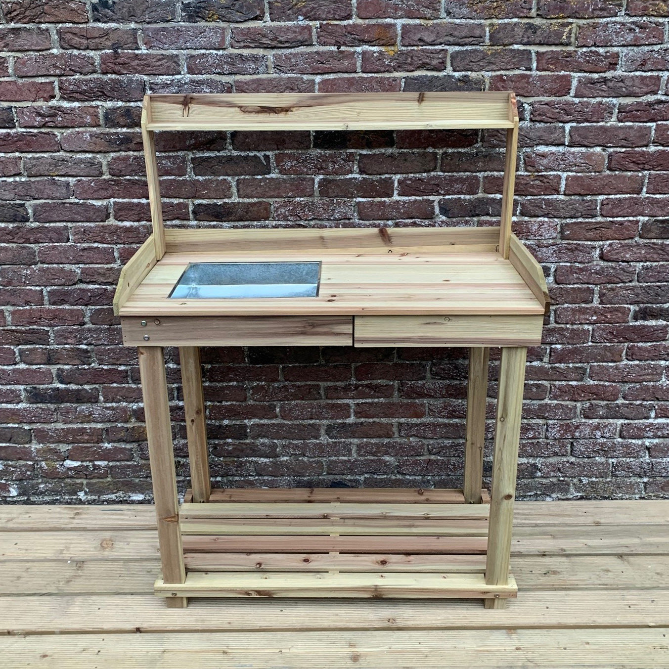 Wooden Potting Table with Drawer, Two Storage Shelves and Zinc Soil Holding Pan