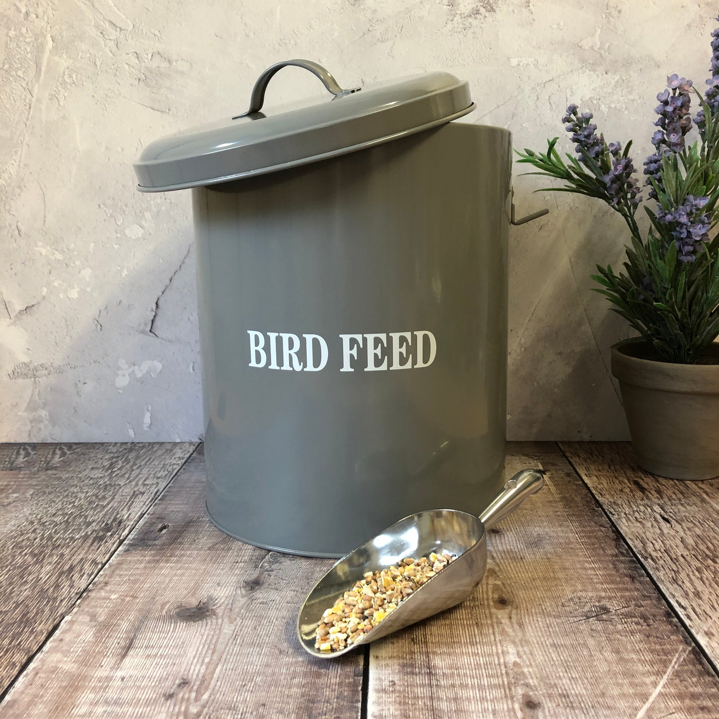 Wild Bird Feed Storage Tin in French Grey with Aluminium Food Scoop