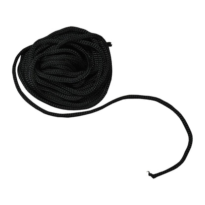 A coiled black nylon cord designed for securing garden furniture covers, displayed against a white background.
