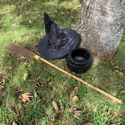 Traditional Besom Broom Witches Broom with Cauldron and Witches Hat