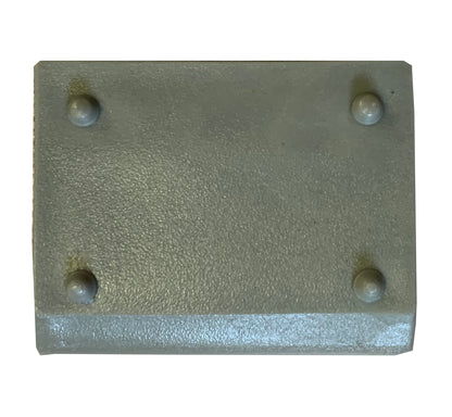 A silver-colored metal adjustment fixing for a garden table with two visible screw holes.